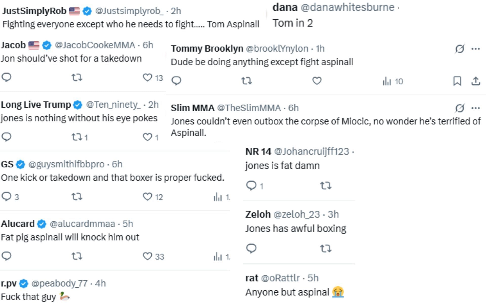 Screenshot of fan reactions to Jon Jones' sparring footage with bare-knuckle boxer